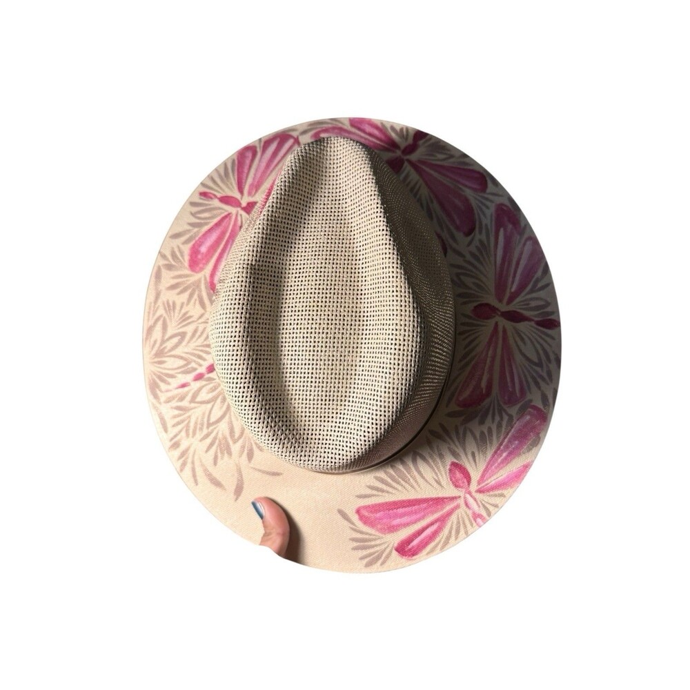 Mexican Artisanal Hand Painted Fedora Hat Pink Dragonfly-Beige M - Picture 8 of 16